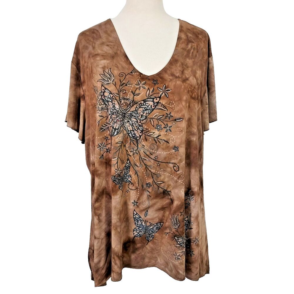 Shannon Ford Shirt Plus 3X Brown Rhinestone Short Sleeve Embellished Stretch Top